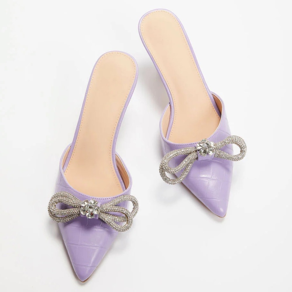 Embossed Crystal Embellished Bow Mule Heels
